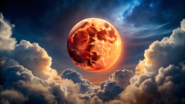 lunar eclipse or blood full moon with clouds  