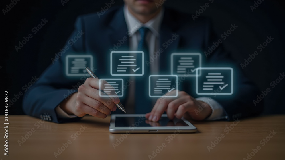 Poster business professional using digital tablet to manage tasks with modern technology and visual element
