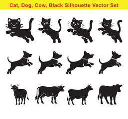 Animal Silhouette Icons – Minimalist Cat, Dog & Cow Vector Set for Farm, Pet, and Nature-Themed Designs