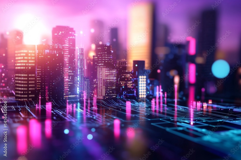 Poster a futuristic cityscape powered by smart contracts, showcasing digital infrastructure and automated s