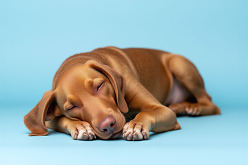brown dog laying down on a blue background1