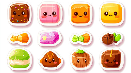 Sticker vector illustration, a cute cartoon candy set with different types of candies and chocolates on a white background
