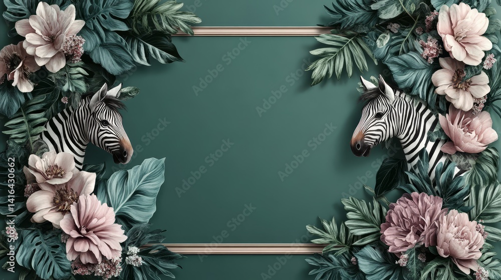 Poster elegant zebras in botanical frame with rich green backdrop a luxurious presentation with natural tou