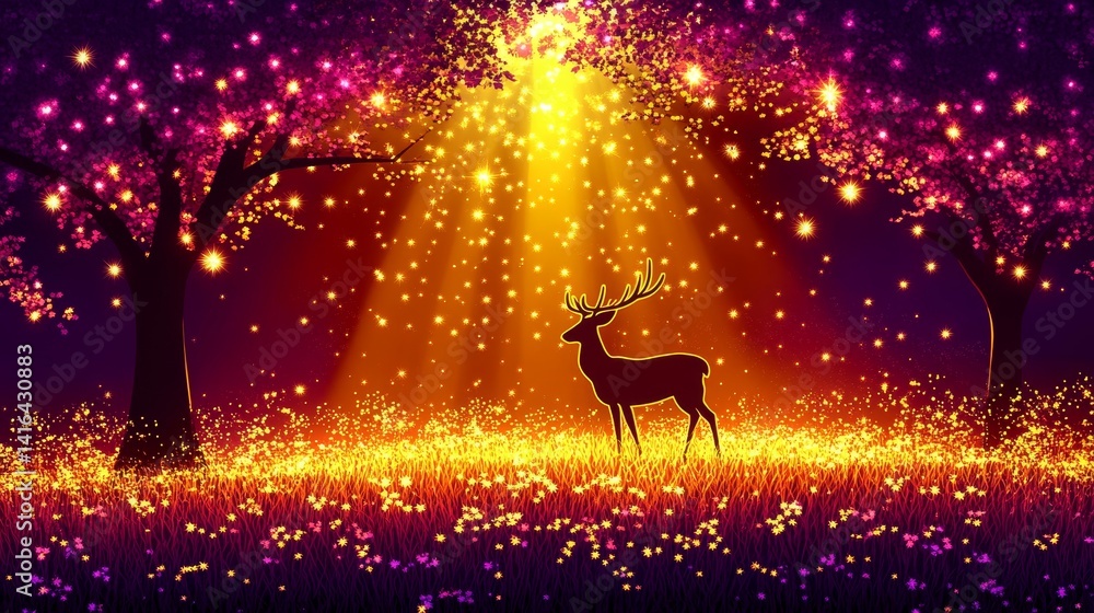Poster enchanted deer in ethereal forest with luminous particles sparkling amidst trees creating a magical 