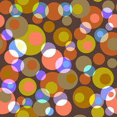 Bright multicolor abstract geometric seamless pattern Small and large layered circles, polka dots, round spots, bubbles Dark chocolate brown background