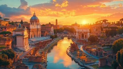 Fototapeta premium Rome Sunset: A Golden Hour Panorama of Ancient Ruins and Iconic Architecture