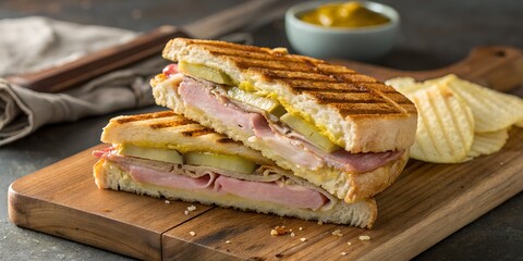 Delicious Cuban Sandwich with Pickles and Chips