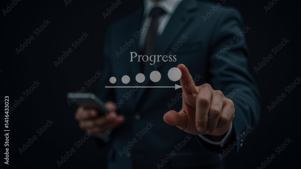 Poster business professional demonstrating progress tracking on mobile device with user interface elements 