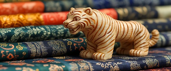 Hand Carved Tiger Figurine on Colorful Fabrics