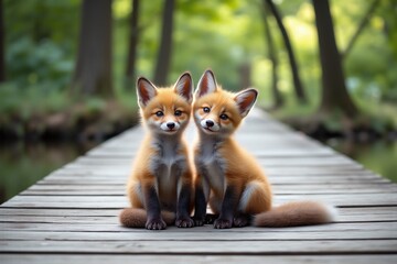 couple of foxes sitting on top of a wooden boardwalk