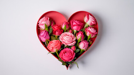 Luxurious crimson paper heart filled with blooming red roses on pristine white backdrop, elegant minimalist floral composition with soft shadows and vivid contrast, premium cardstock texture,