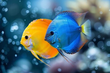Naklejka premium Close up of colorful discus fish swimming amidst lush aquarium plants in a stunning underwater scene