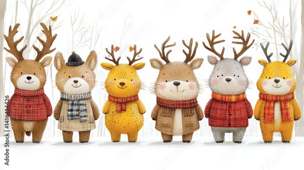 Aufkleber charming watercolor illustration featuring a delightful array of reindeer characters adorned in wint
