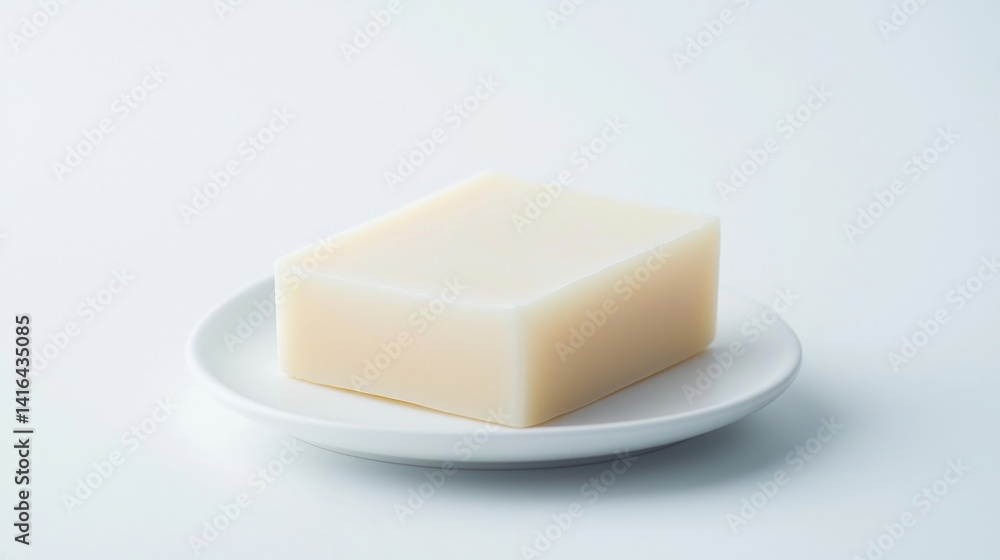 Poster A smooth, rectangular bar of soap sits on a white plate against a minimal background, highlighting simplicity and cleanliness.