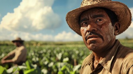 Migrant Worker in Field - A Latin American migrant worker toils in a sun-drenched field, symbolizing hard work, perseverance, hope, migration, and the agricultural landscape