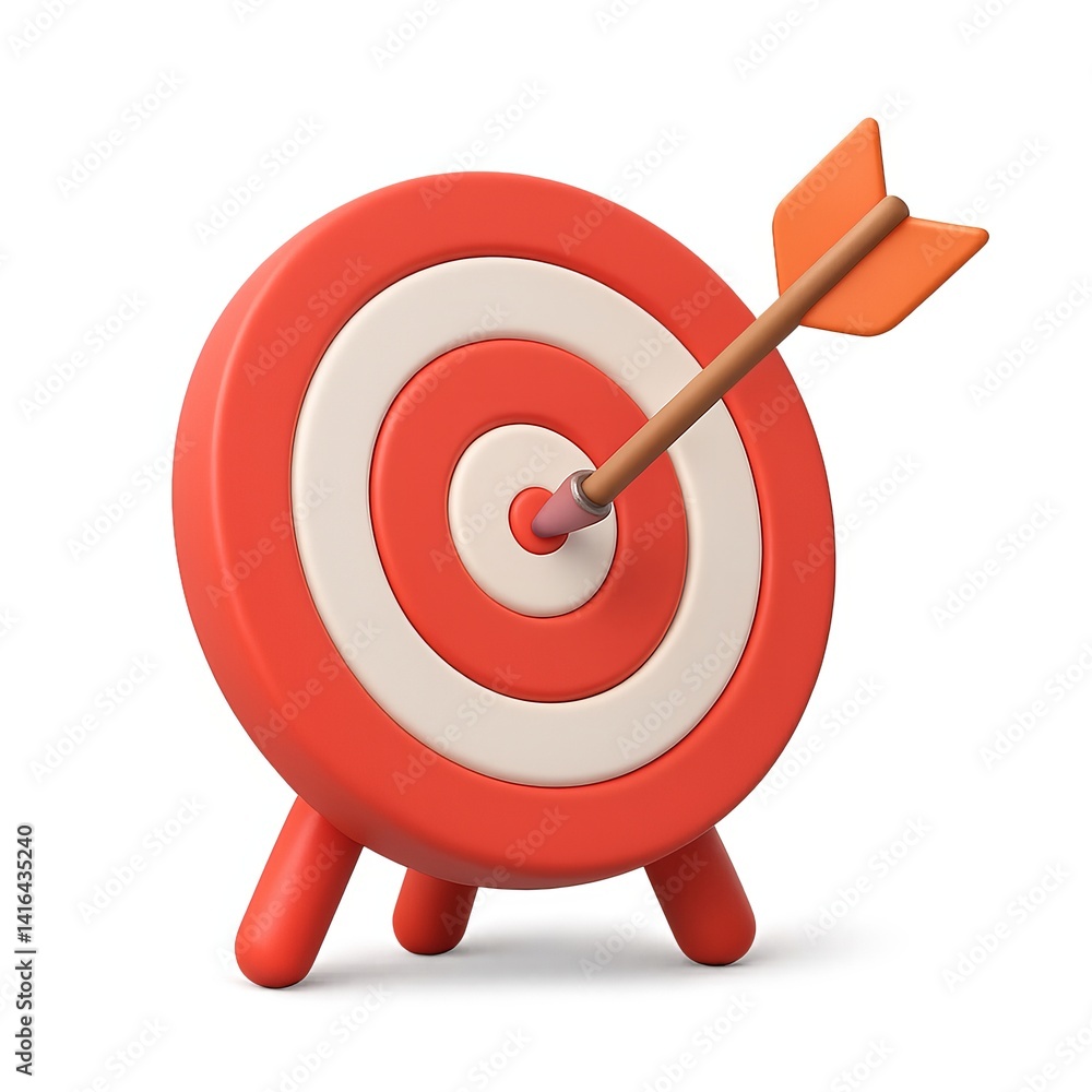 Poster 3d target with arrow hitting bullseye in simple design
