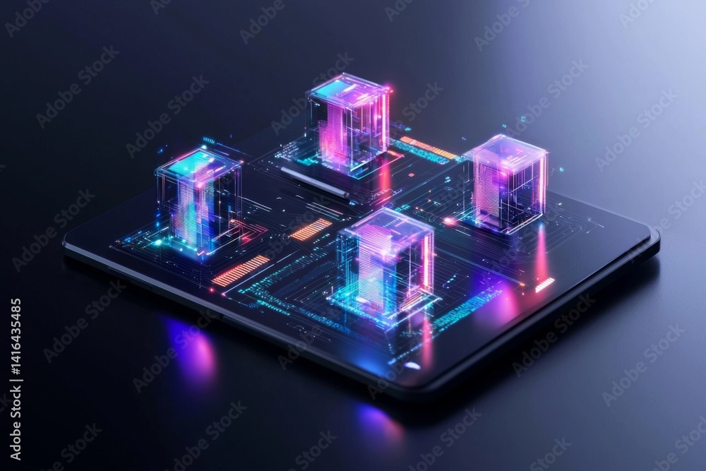 Poster digital design workspace with sleek devices and vibrant graphics on a neutral background
