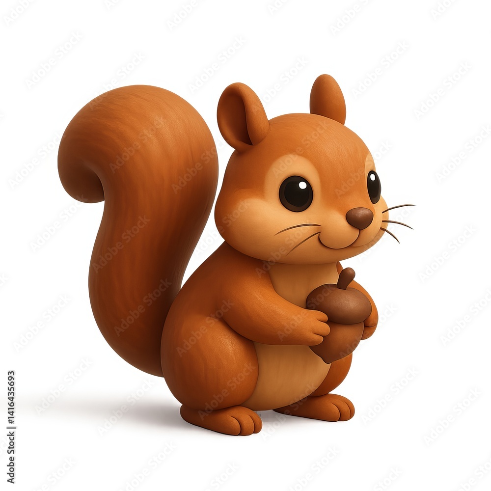 Poster cute 3d squirrel character holding acorn in simple design