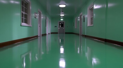 Empty hospital corridor, mint green walls, shiny floor