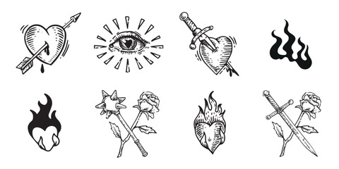 Old School Tattoo vector icon Set – Hearts, Fire & Skulls, Vintage Tattoo Elements – Hand Drawn Ink Style, Work Tattoo Symbols – Love, Death & Roses.
