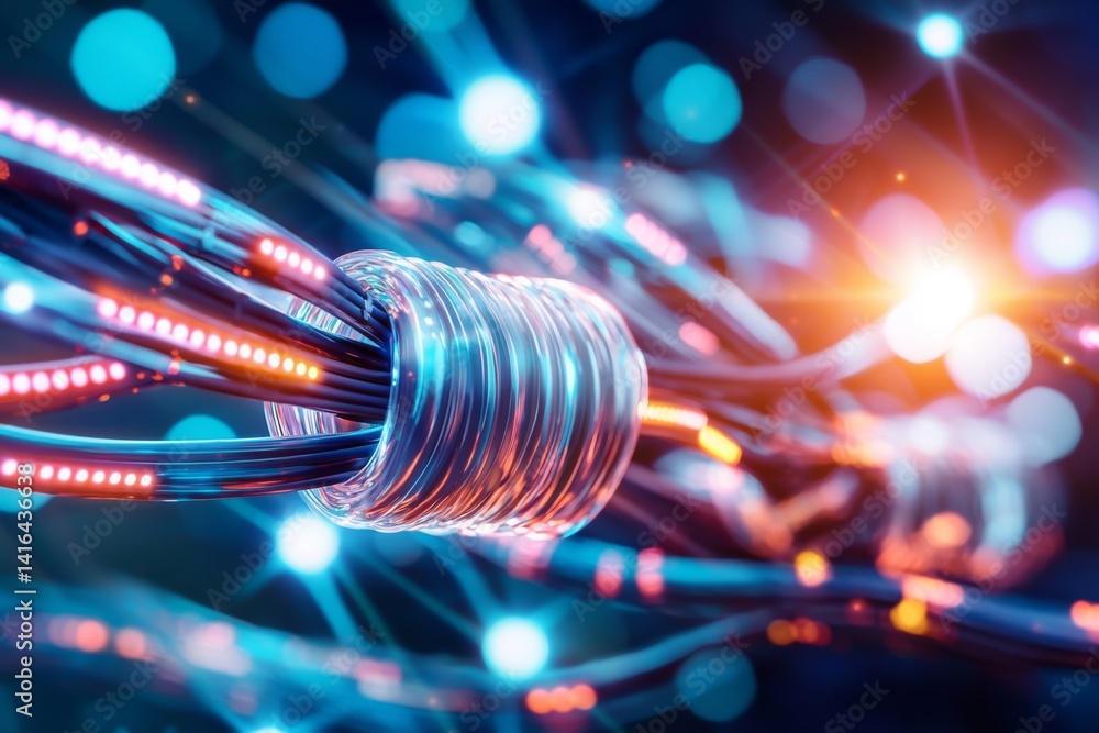 Poster conceptual image illustrating the synergy of technology with a tangle of vibrant connection cables