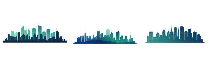 A vibrant skyline illustration showcasing a cityscape with modern buildings, layered in shades of blue and green, ideal for urban-themed projects isolated on white or transparent png