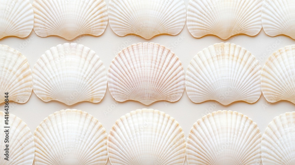 Poster a serene arrangement of white scallop shells, creating a textured and visually appealing pattern aga