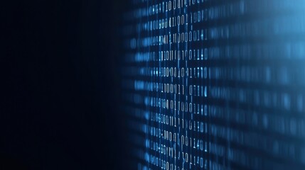 A visual representation of binary code, showcasing a dark background with vertical streams of blue digits, symbolizing digital technology and data processing.