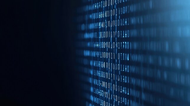 A visual representation of binary code, showcasing a dark background with vertical streams of blue digits, symbolizing digital technology and data processing.