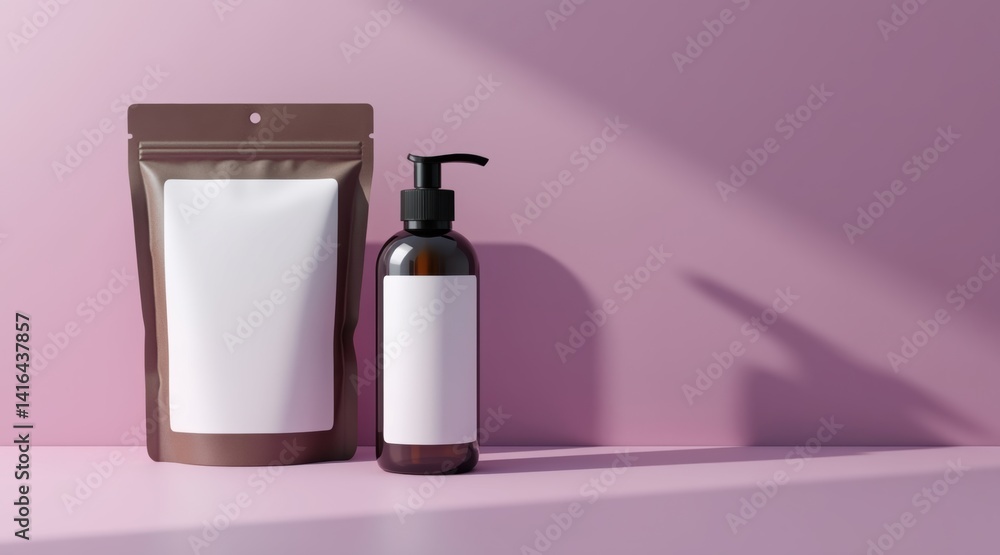 Poster a minimalistic display featuring a brown packet and a dark bottle on a soft pink backdrop, both desi