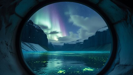 Fototapeta premium Aurora view from window over lake