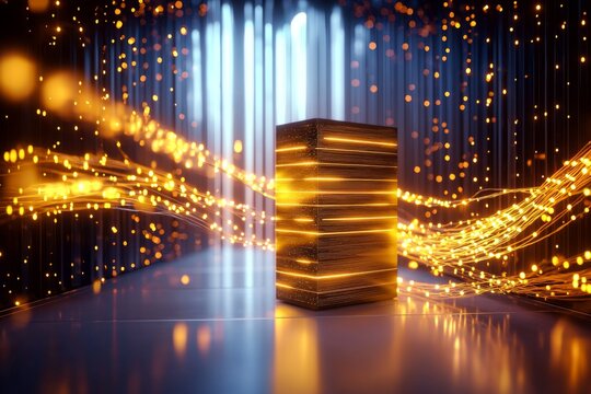 Concept of encrypted data transfer represented by glowing data streams and a secure server in a clean, neutral environment
