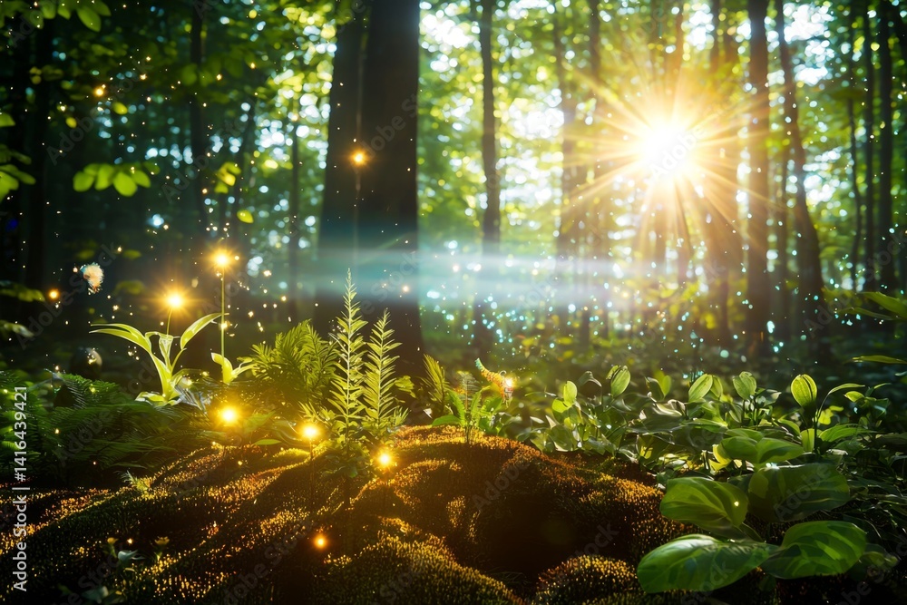 Poster immersive virtual reality environment with a serene forest scene, dappled sunlight filtering through