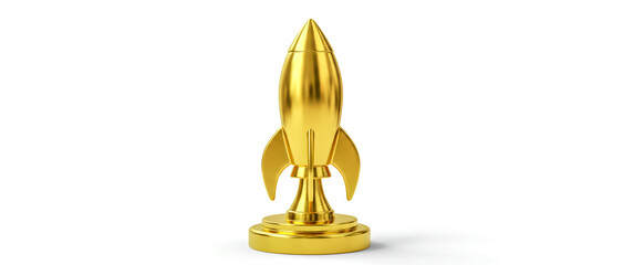 Golden rocket ship trophy is displayed on a circular pedestal against a white background
