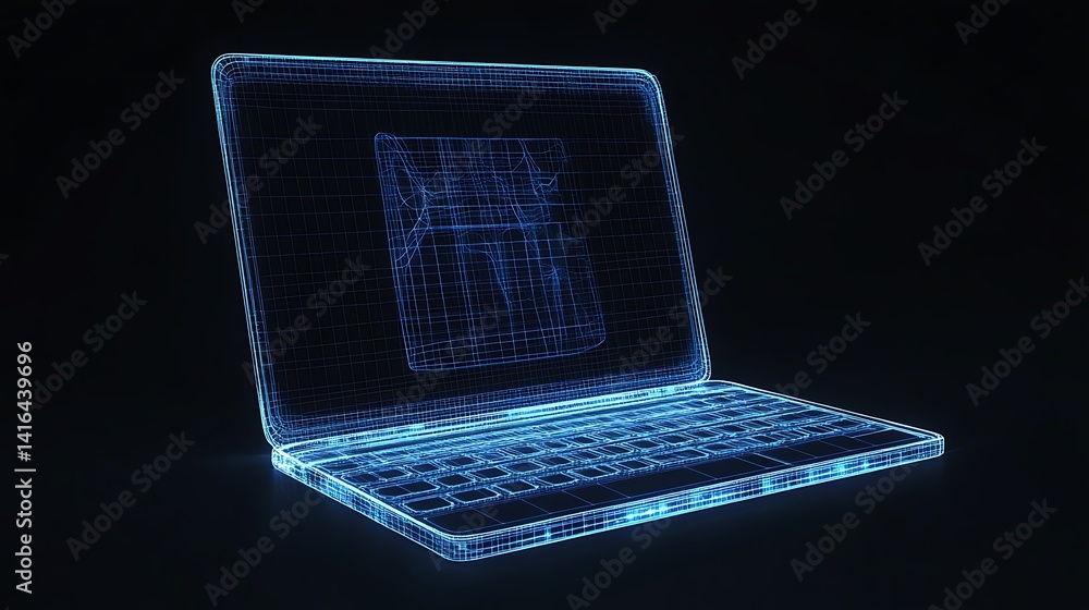 Poster laptop wireframe displaying 3d model on screen tech concept