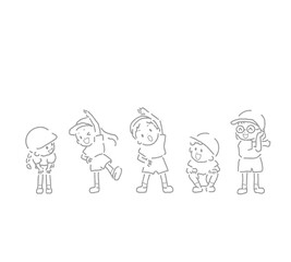 仲良く準備運動をする体操服姿の子供達の線画イラスト