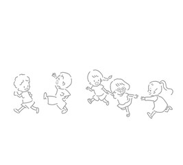 それぞれのペースで走る子供たちの線画イラスト	