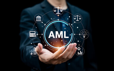AML AntiMoney Laundering Compliance Concept. Businessman Holding Digital AML Icons Banking, Finance, Legal Scales