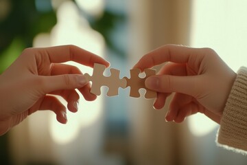Synergy illustrated through two hands joining puzzle pieces, soft focus on props, gentle lighting, neutral backdrop