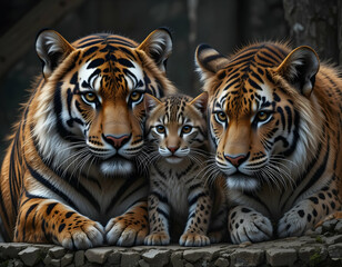 Obraz premium Tigers and Cub Portrait Lying Together Wildlife Animals