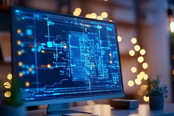 Software architecture blueprint displayed on a digital screen, minimalist workspace with tech gadgets