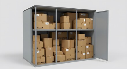 This 3d render showcases a brown cardboard box, resembling a safe deposit container, alongside an open safe and several stacked boxes, suggesting secure storage and business transportation
