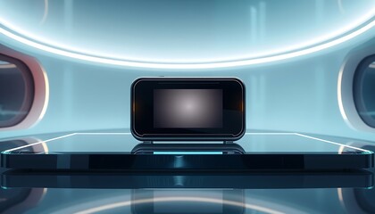 Futuristic Device: Sleek Display on Glass Platform in a Sci-Fi Setting