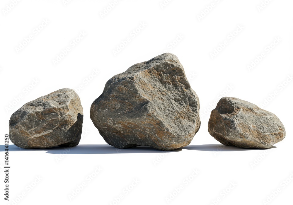 Poster a view of three rocks of varying sizes and shapes sitting on a white surface in a studio setting