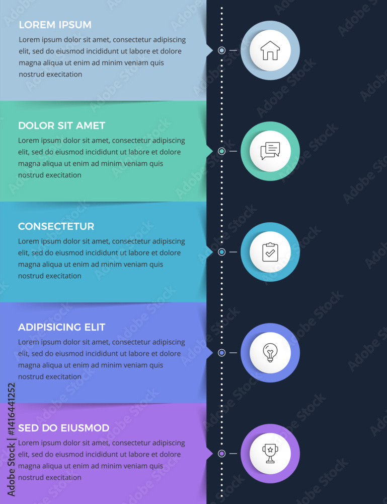 Poster infographic template with five rectangles for your text arranged vertically, infographics of a proce