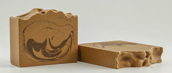 Naklejka premium High-resolution image of two rustic, handcrafted soap bars with a rich, earthy brown color and a marbled texture