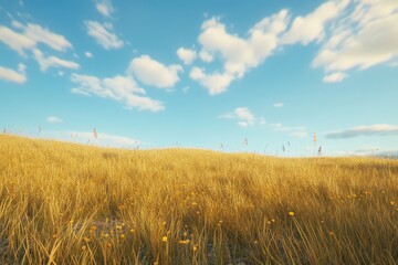 Golden field stretches beneath a vast, cerulean sky.