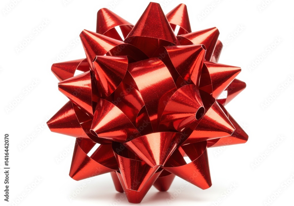 Poster a shiny red gift bow with many points sitting on a white surface in a studio setting perfectly cente