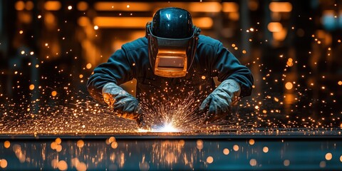 Skilled welder is welding steel in a factory, creating a shower of bright sparks. Wearing protective gear, including a welding helmet and gloves