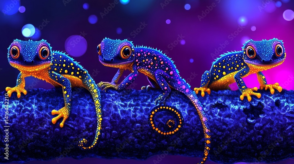 Poster enchanting amphibian trio resting on a branch illuminated by captivating violet and azure light show
